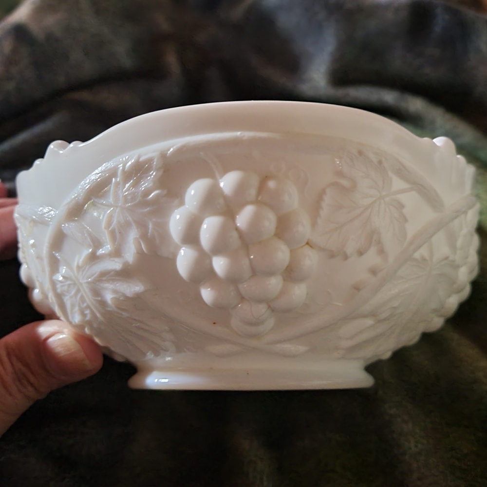 Vintage Duncan and Miller Milk Glass Bowl Grape Pattern 4"